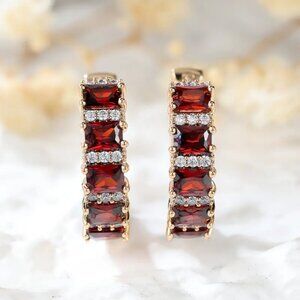 14K Gold 2ct Red Ruby Gemstone 1ct Diamond Small Hoop Earrings 14 Karat Jewelry